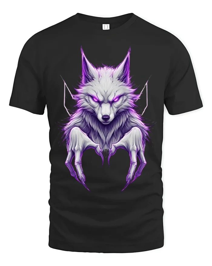 Mystic Purple Wolf Graphic Tee Dark Fantasy Spirit Art - black t-shirt on white background
