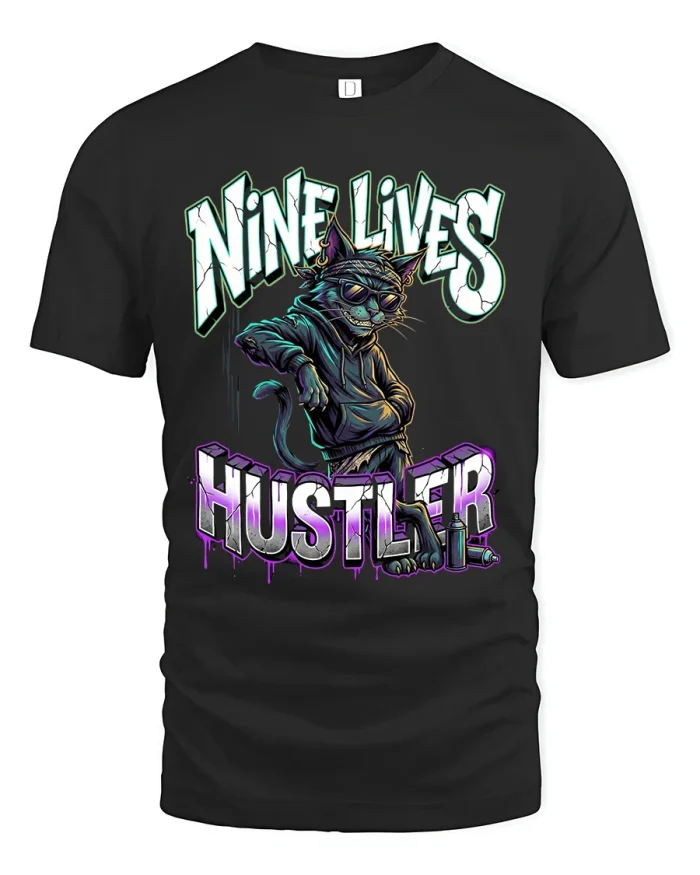 Nine Lives Hustler Cat Graphic Tee Street Art Attitude Style - black t-shirt on white background