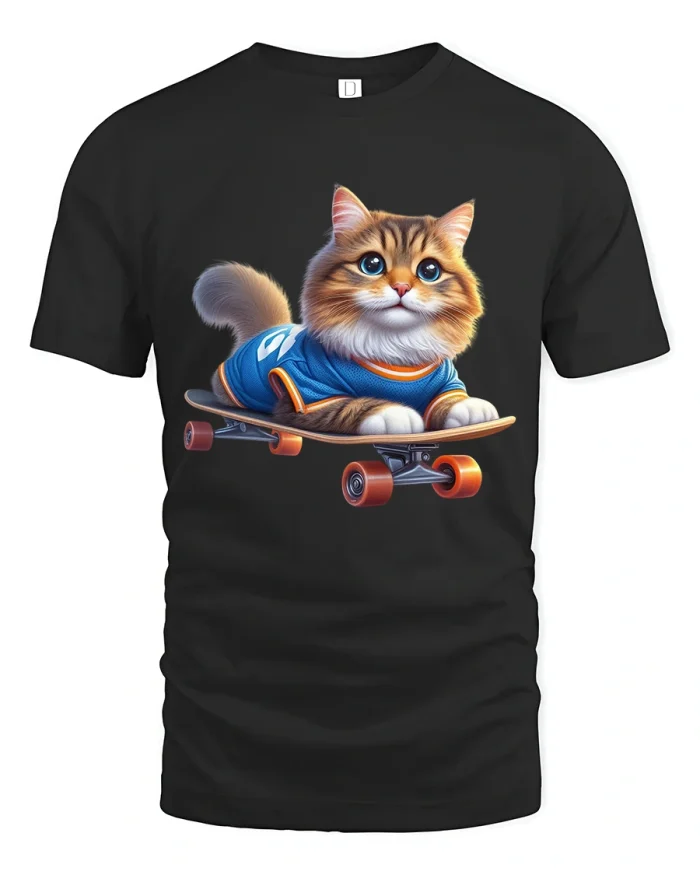 Skateboarding Cat Graphic Tee Cute Street Style Animal Art - black t-shirt on white background