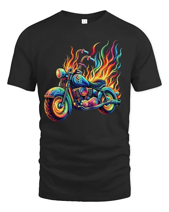 Psychedelic Flaming Motorcycle Graphic Tee Colorful Biker Art - black t-shirt on white background