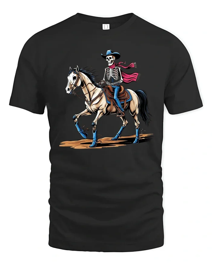 Skeleton Cowboy Riding Horse Graphic Tee Western Gothic Art - black t-shirt on white background