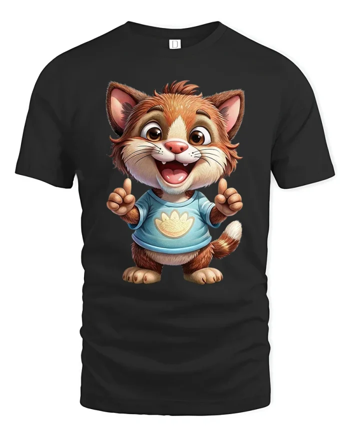 Cute Smiling Cartoon Cat Thumbs Up Graphic Tee Happy Style - black t-shirt on white background