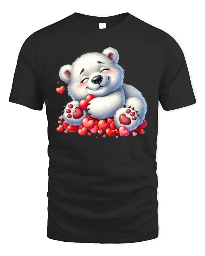 Cute White Bear Hugging Hearts Graphic Tee Sweet Love Art - black t-shirt on white background