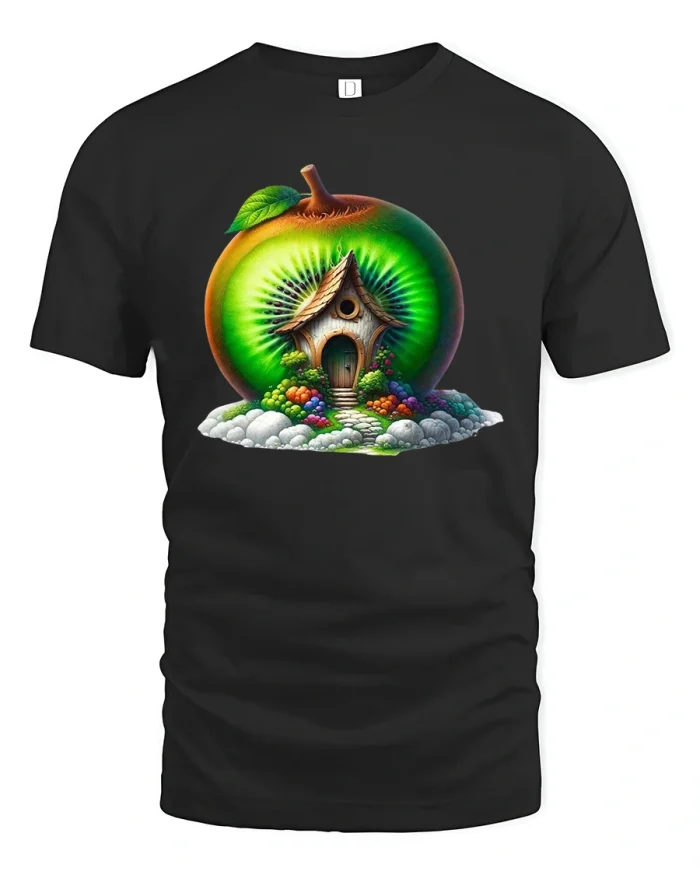 Whimsical Kiwi Fruit House Fantasy Graphic Tee Dream Art - black t-shirt on white background