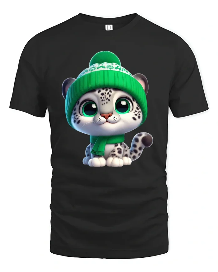 Cute Snow Leopard Winter Beanie Cartoon Graphic Tee Art - black t-shirt on white background