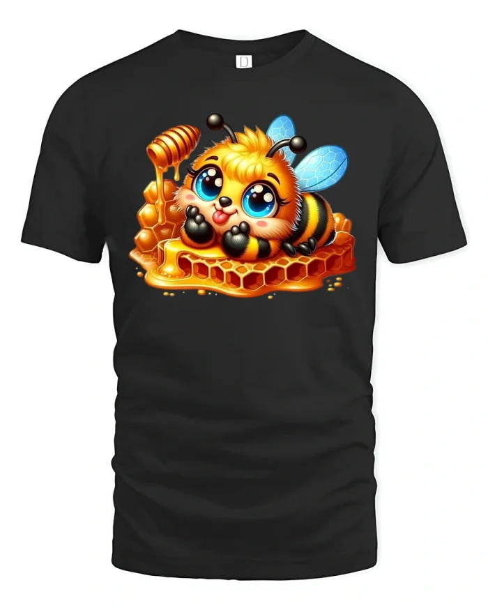Cute Honey Bee Cartoon Graphic Tee Sweet Honeycomb Art - black t-shirt on white background