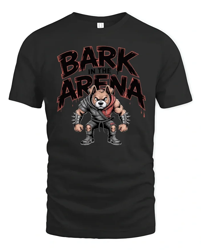 Bark In The Arena Fierce Bulldog Warrior Graphic Tee - black t-shirt on white background