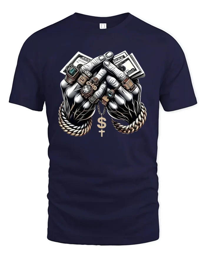 Trust No One Money Hands Graphic Tee With Bold Street Energy - navy t-shirt on white background