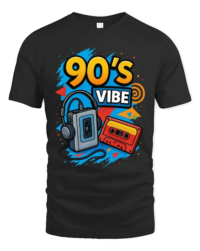90s Vibe Retro Music Cassette Headphones Graphic T Shirt - black t-shirt on white background