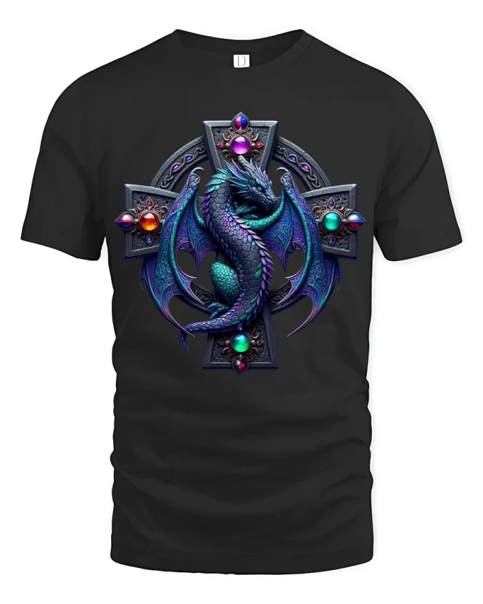 Mystic Dragon Cross Fantasy Art Graphic T Shirt Epic Style - black t-shirt on white background