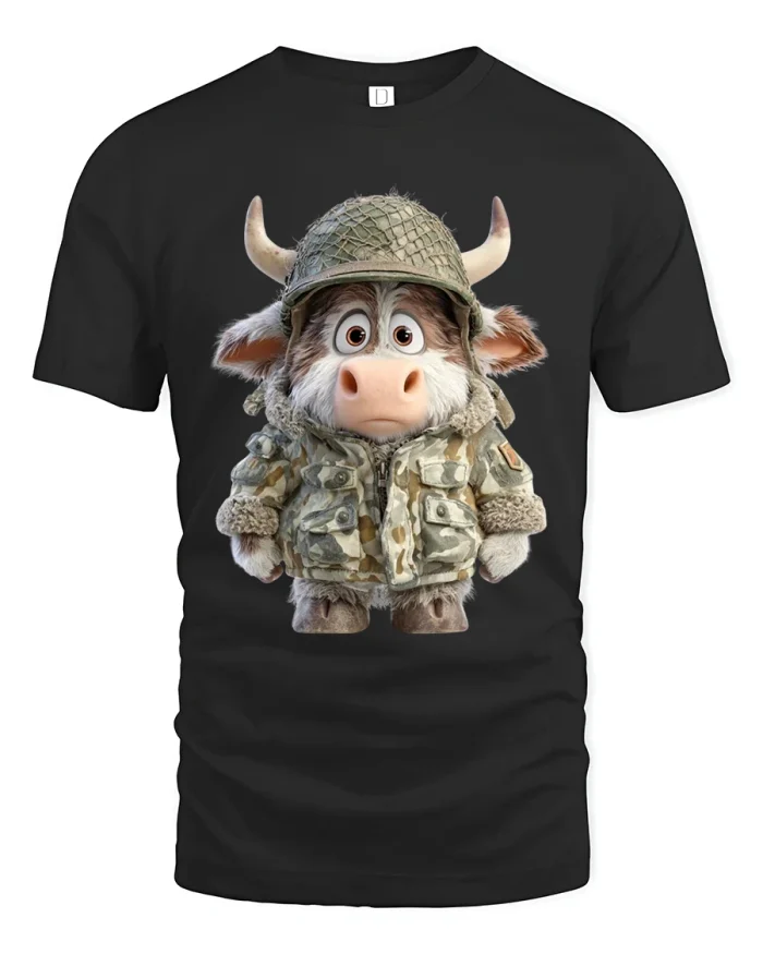 Cute Cow Soldier Cartoon Military Style Graphic T Shirt - black t-shirt on white background