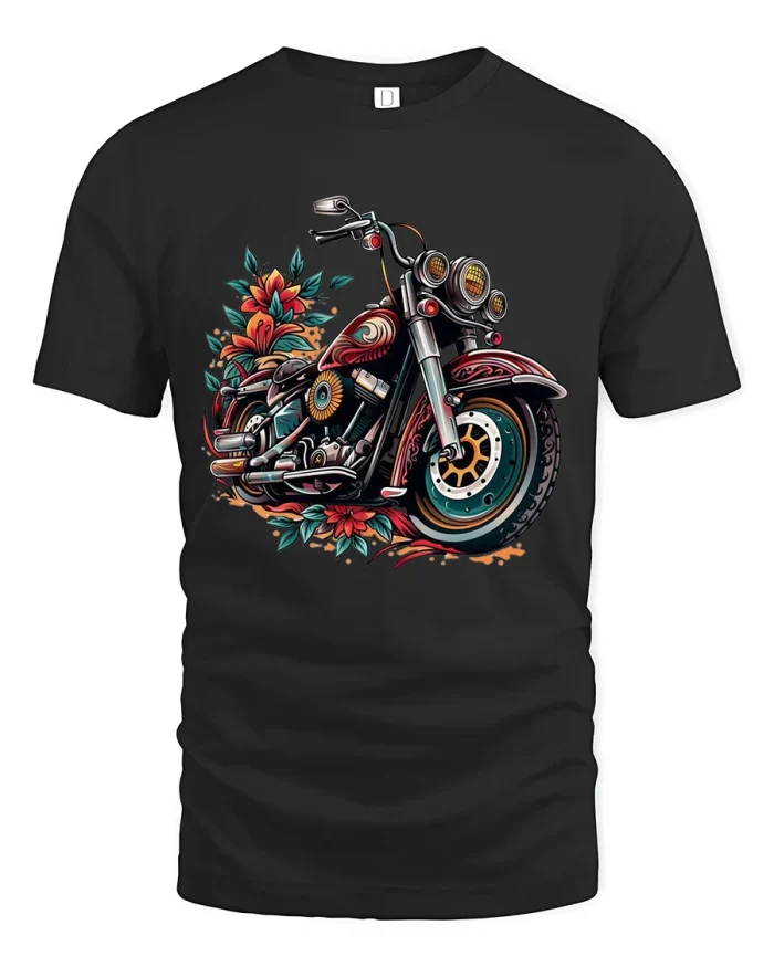Vintage Motorcycle Floral Art Graphic T Shirt Bold Biker Style - black t-shirt on white background