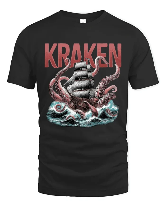 Kraken Sea Monster Pirate Ship Vintage Graphic T Shirt - black t-shirt on white background