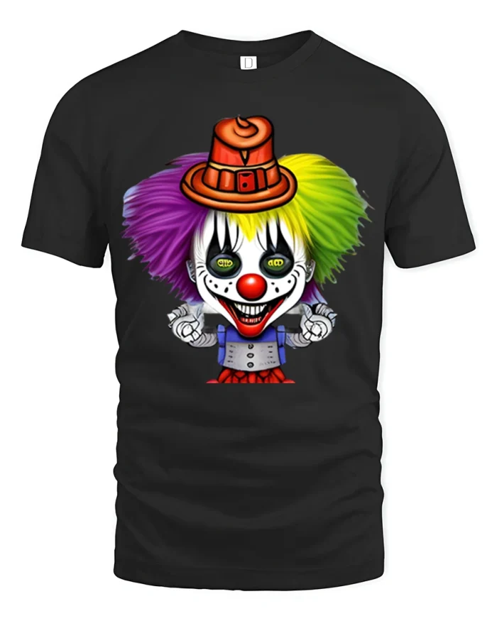 Creepy Cute Horror Clown Cartoon Graphic T Shirt With Color Hair - black t-shirt on white background