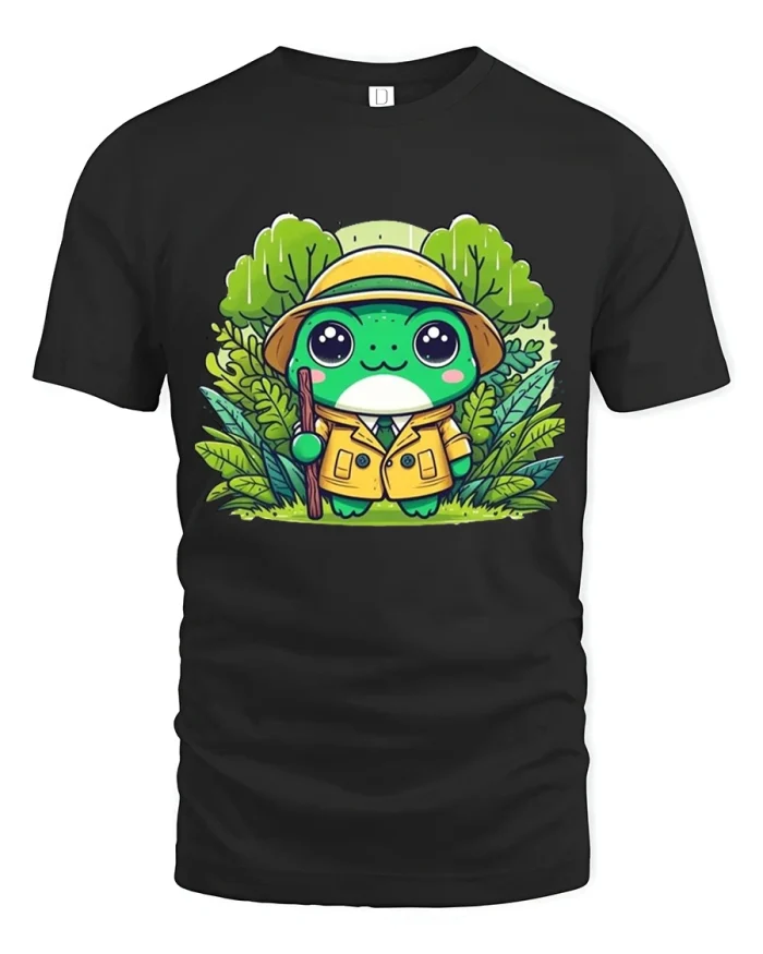 Cute Frog Explorer Cartoon Jungle Adventure Graphic T Shirt - black t-shirt on white background