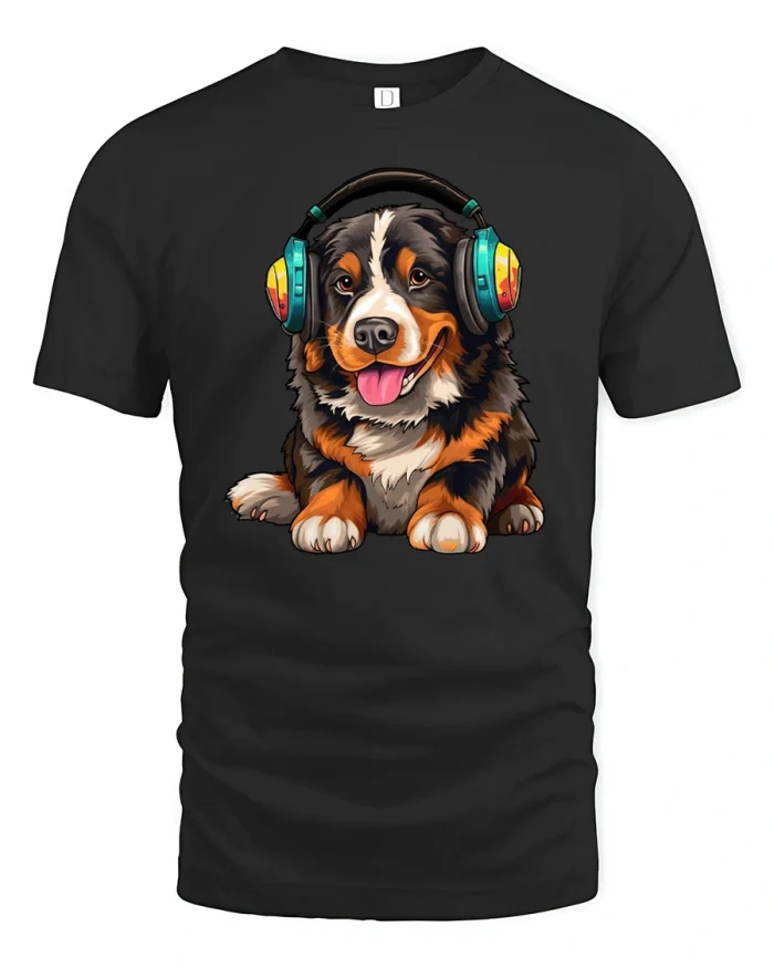 Cute Dog Wearing Headphones Music Lover Cartoon Art T Shirt - black t-shirt on white background