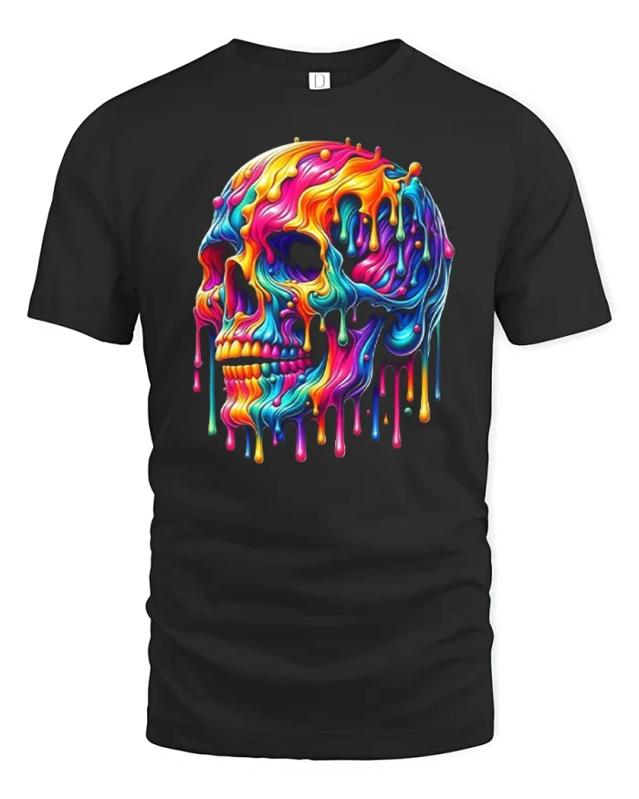 Psychedelic Melting Skull Colorful Dripping Art Graphic T Shirt - black t-shirt on white background