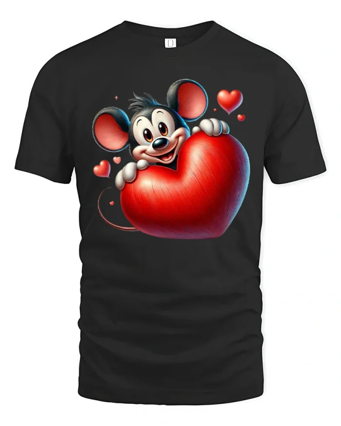 Cute Mouse Hugging Heart Love Cartoon Art Graphic T Shirt - black t-shirt on white background