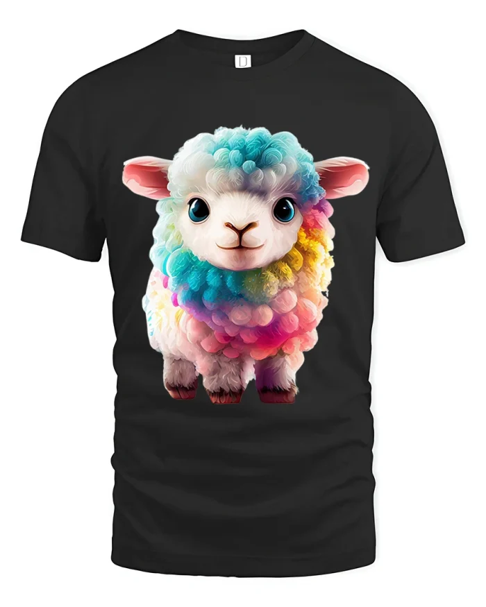 Colorful Rainbow Lamb Cute Cartoon Animal Graphic T Shirt - black t-shirt on white background