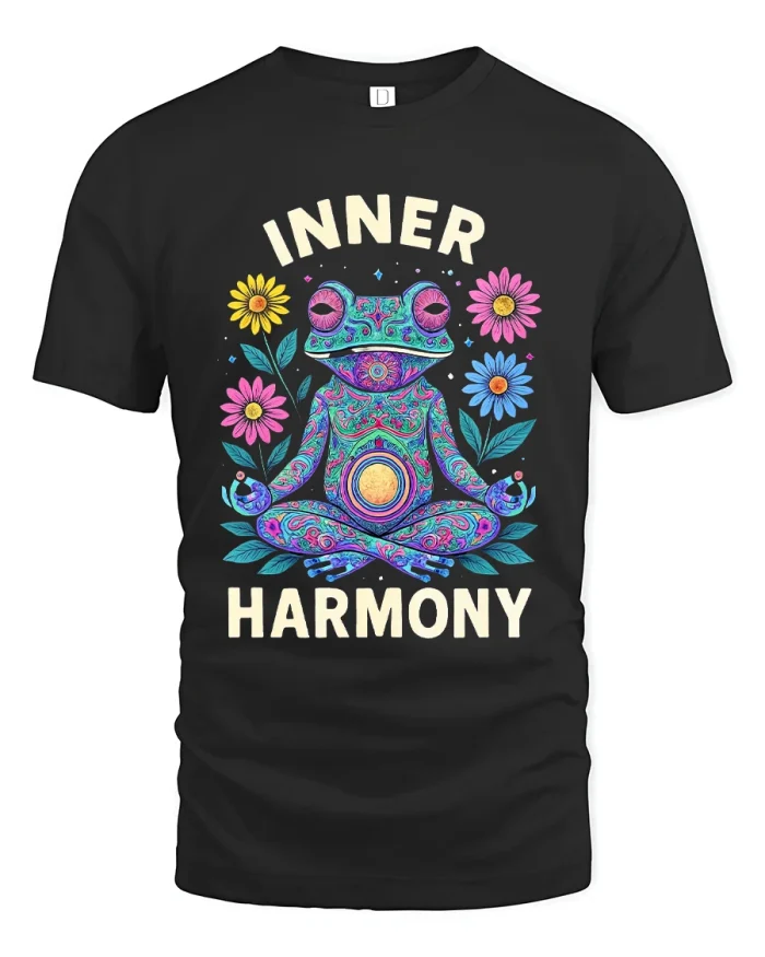 Inner Harmony Meditating Frog Psychedelic Art Graphic T Shirt - black t-shirt on white background