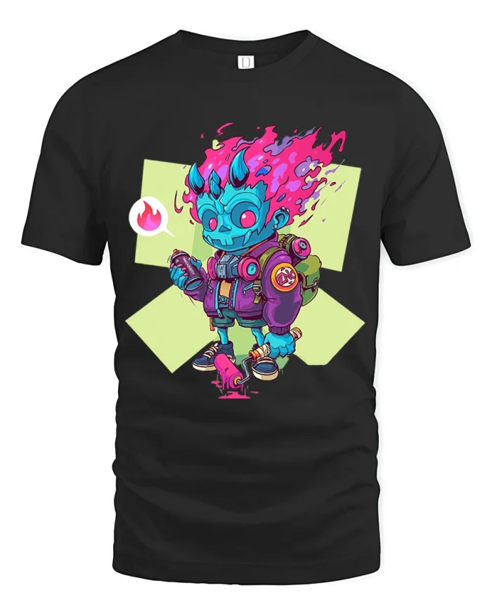 Neon Flame Monster Street Art Cartoon Graphic T Shirt - black t-shirt on white background