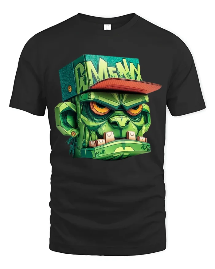 Urban Green Monster Street Art Cartoon Graphic T Shirt - black t-shirt on white background