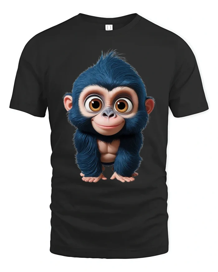 Cute Blue Baby Monkey Cartoon Graphic T Shirt With Big Eyes - black t-shirt on white background
