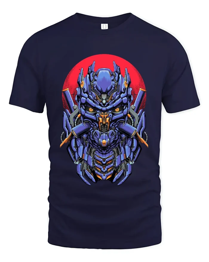 Futuristic Mecha Robot Skull Graphic T Shirt With Cyber Armor - navy t-shirt on white background