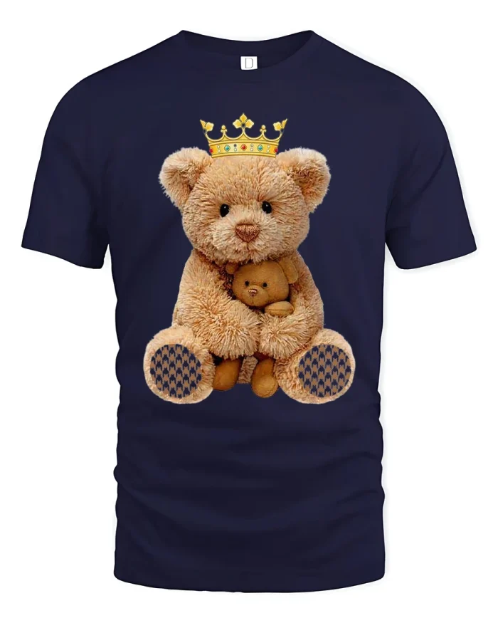 Cute Royal Teddy Bear Hug Art Graphic T Shirt Soft Cozy Style - navy t-shirt on white background