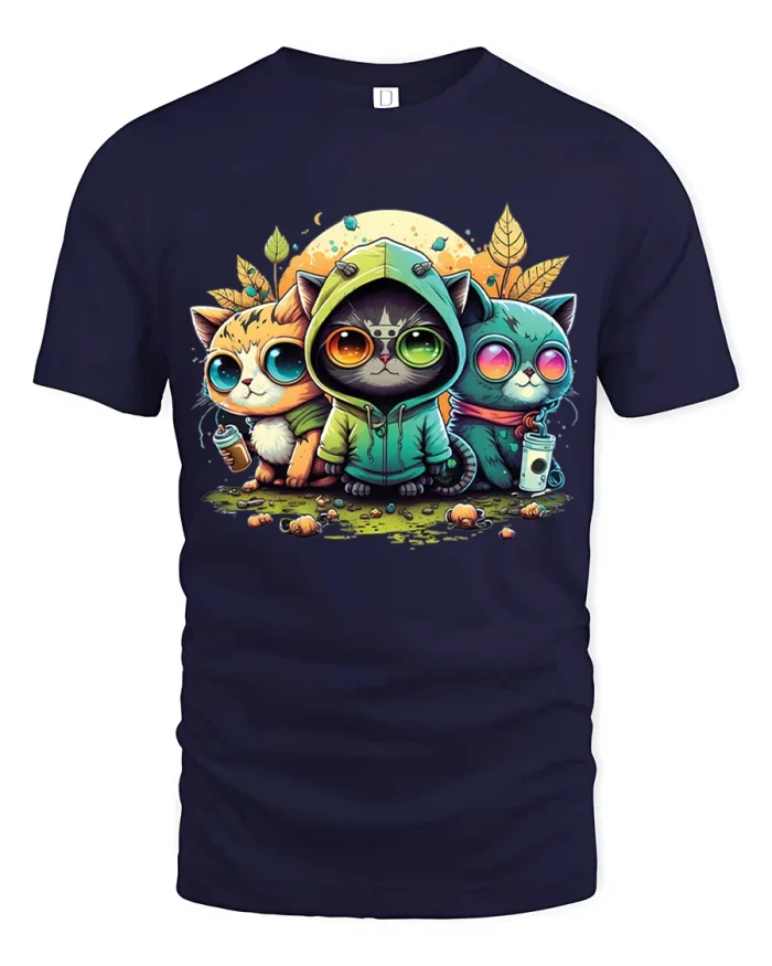 Cute Cool Cats Hoodie Style Graphic T Shirt With Big Eyes - navy t-shirt on white background