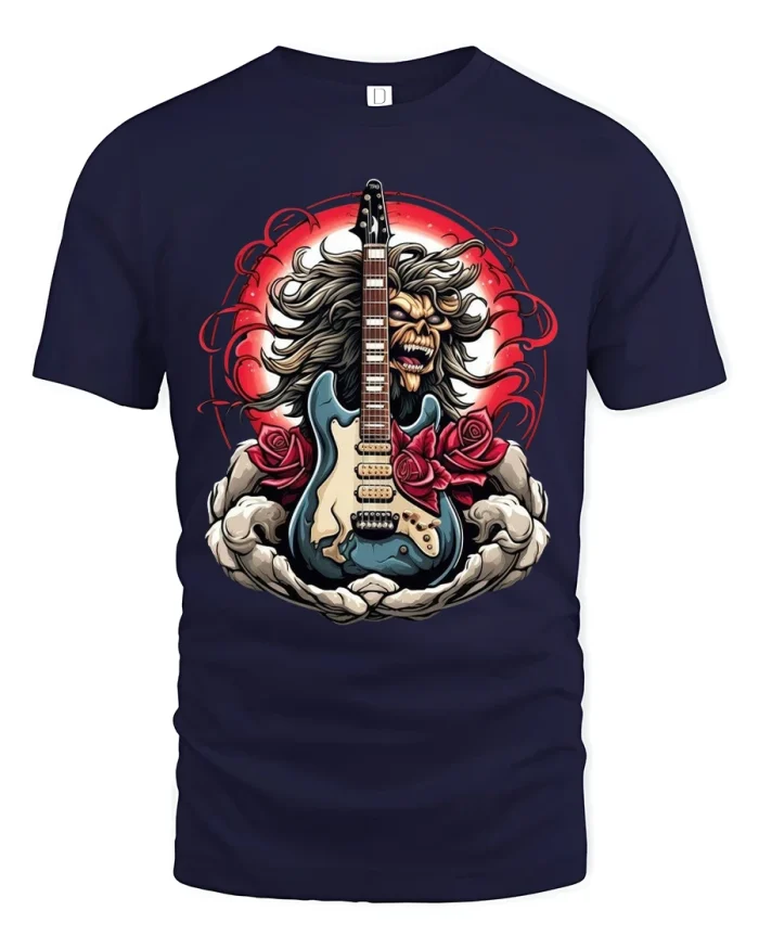 Rock Guitar Skull Roses Graphic T Shirt With Heavy Music Vibes - navy t-shirt on white background