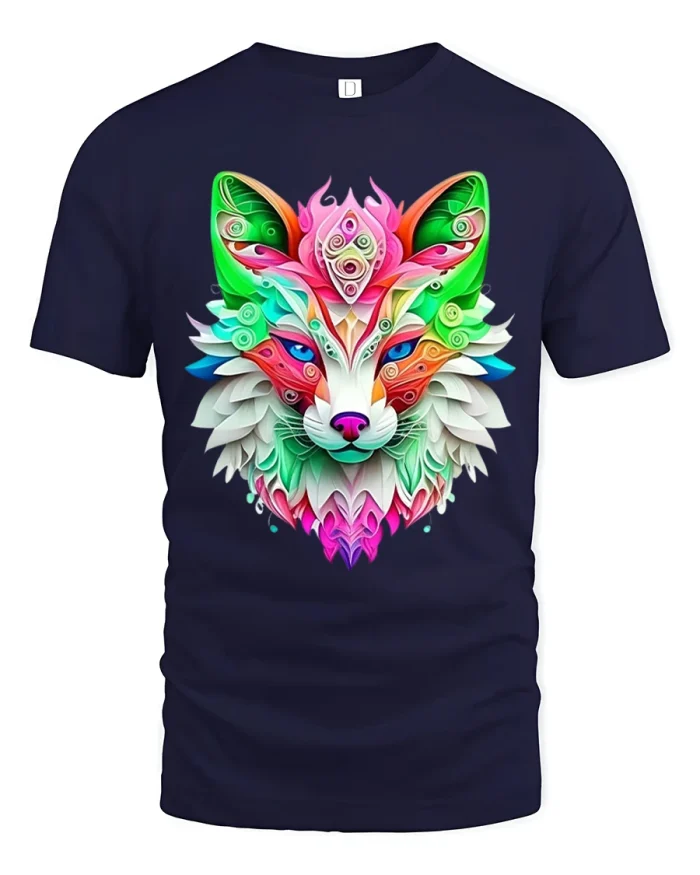 Colorful Sacred Fox Art Graphic T Shirt With Mystical Energy - navy t-shirt on white background