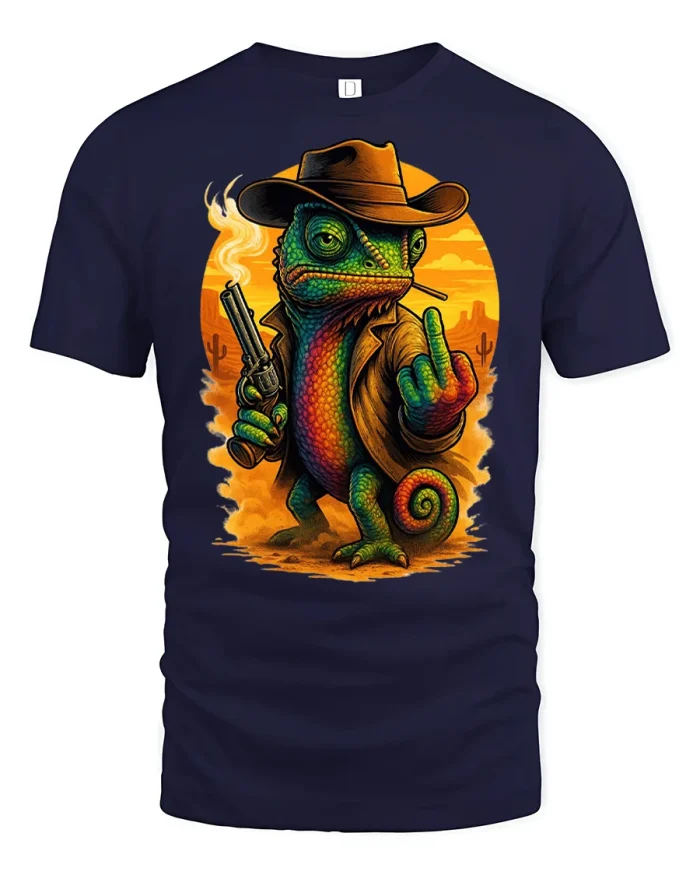 Badass Cowboy Chameleon Rebel Art Graphic T Shirt - navy t-shirt on white background