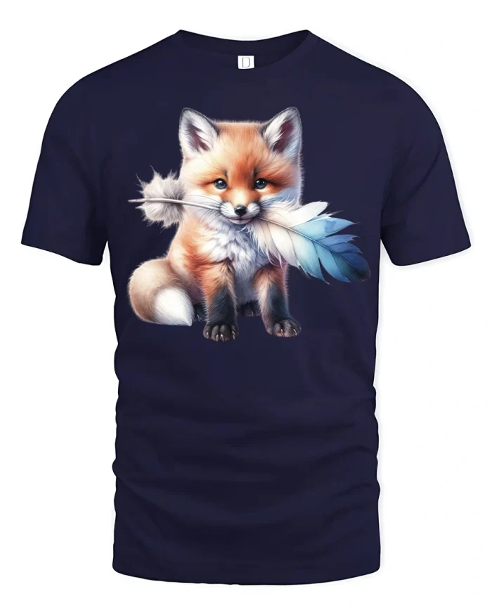 Cute Baby Fox Feather Dreamy Animal Art Graphic T Shirt - navy t-shirt on white background
