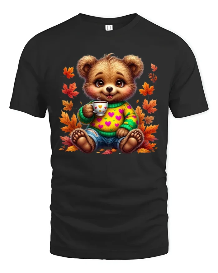 Cute Autumn Bear Graphic T Shirt Cozy Coffee Fall Vibes Design - black t-shirt on white background