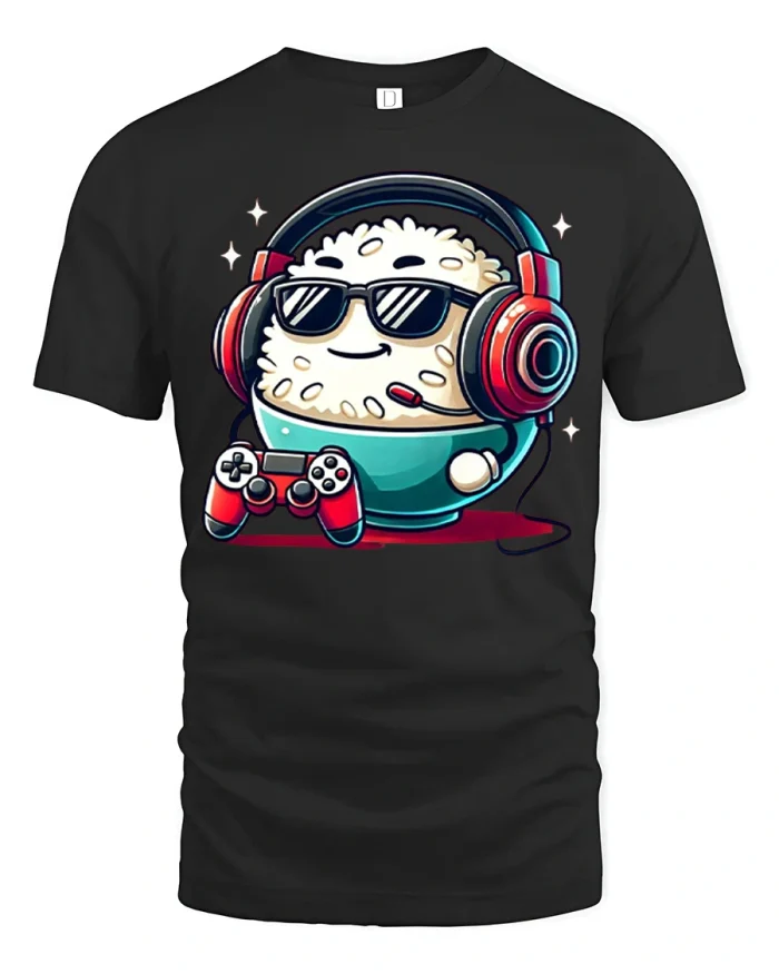 Funny Gamer Rice Bowl Graphic T Shirt Cute Gaming Cartoon Art - black t-shirt on white background