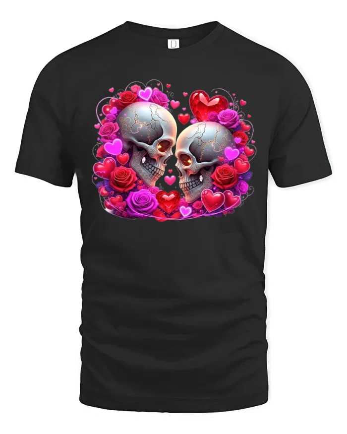 Gothic Skull Love Graphic T Shirt Roses Hearts Dark Romance Art - black t-shirt on white background