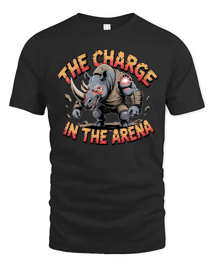 The Charge In The Arena Rhino Graphic T Shirt Power Style Art - black t-shirt on white background
