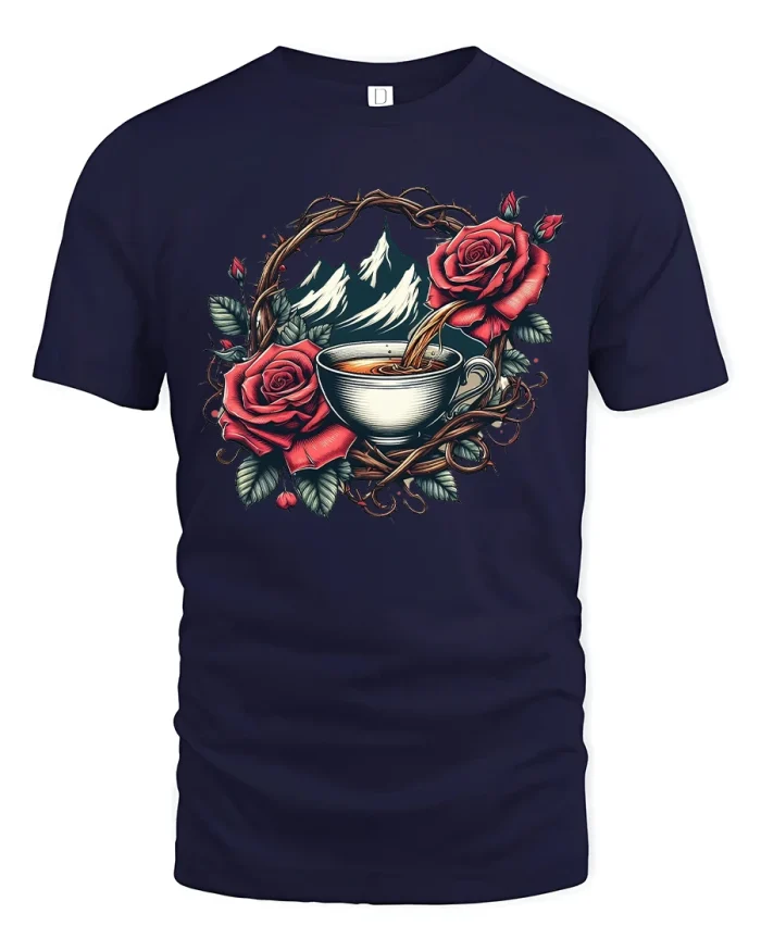 Mountain Coffee Rose Graphic T Shirt Artistic Cozy Nature Style - navy t-shirt on white background