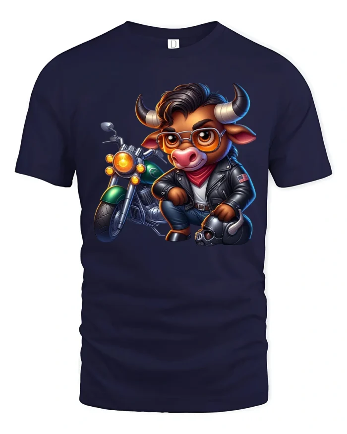 Cool Biker Bull Graphic T Shirt Cartoon Motorcycle Style Art - navy t-shirt on white background