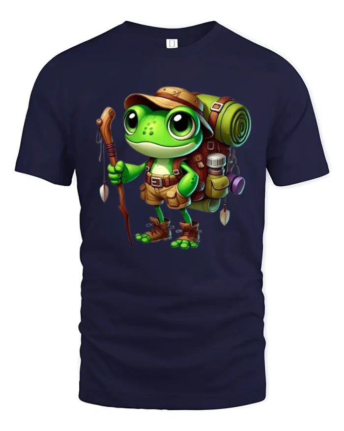 Cute Hiking Frog Graphic T Shirt Adventure Cartoon Nature Art - navy t-shirt on white background