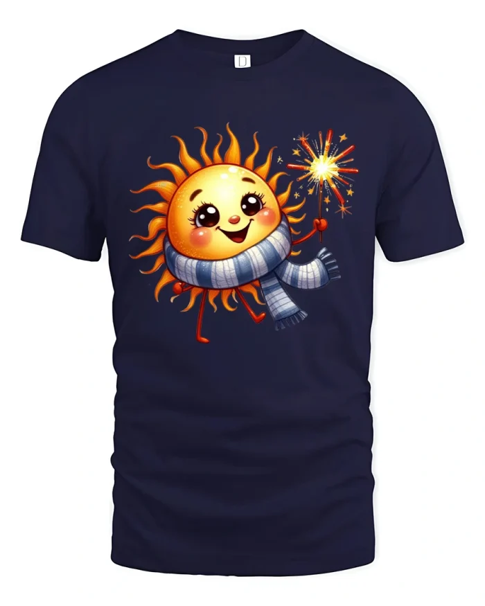 Cute Smiling Sun Graphic T Shirt Happy Cozy Cartoon Style Art - navy t-shirt on white background