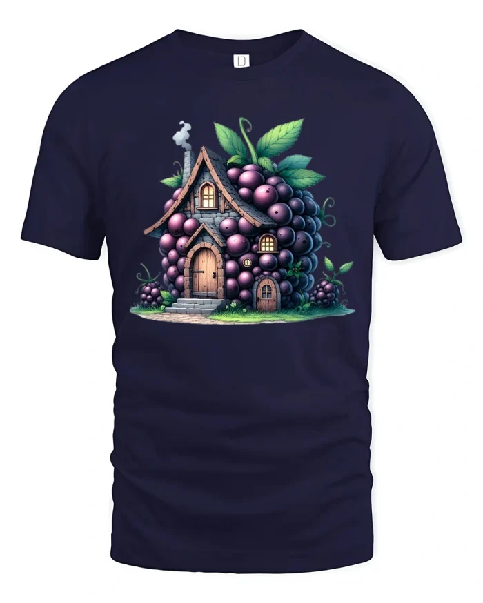 Fantasy Grape House Graphic T Shirt Whimsical Cottage Art Style - navy t-shirt on white background