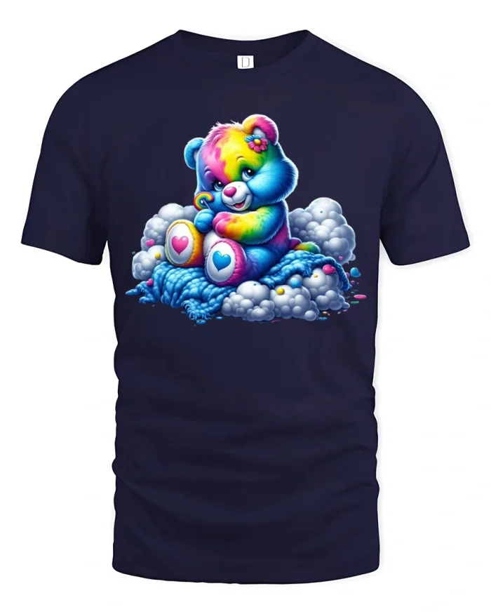 Cute Rainbow Teddy Bear Graphic T Shirt Colorful Happy Art - navy t-shirt on white background