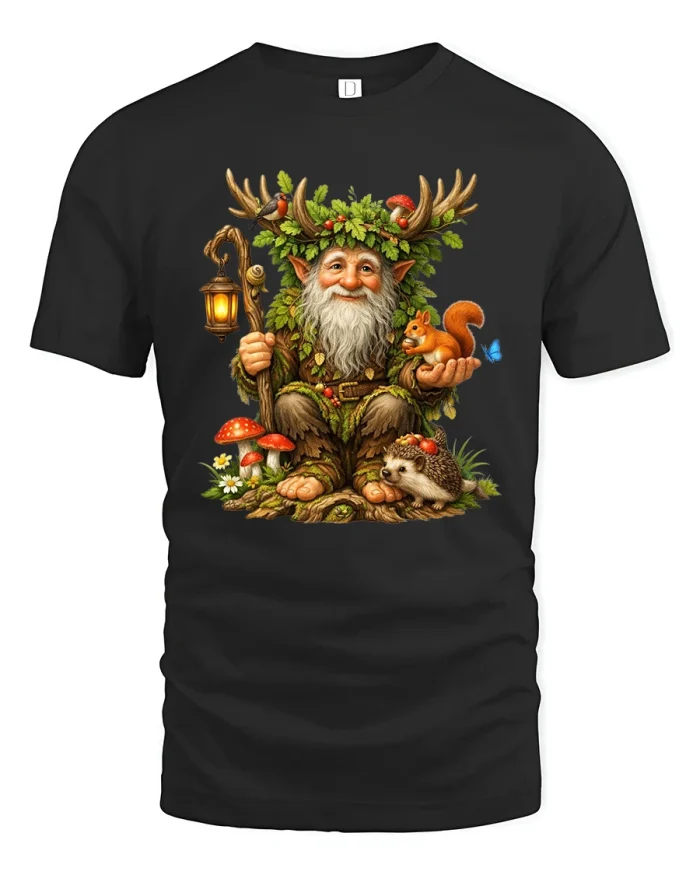 Enchanted Forest Gnome With Animals Graphic T Shirt - black t-shirt on white background