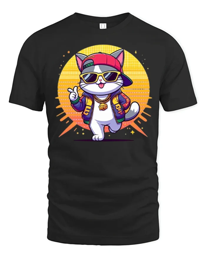 Cool Hip Hop Cat Cartoon Graphic T Shirt - black t-shirt on white background