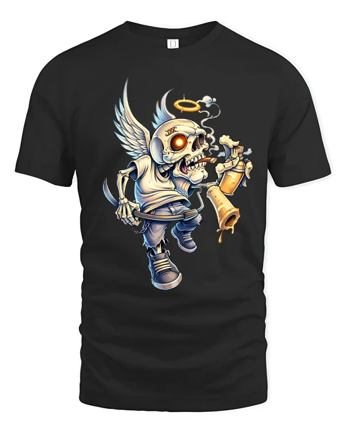 Funny Angel Skeleton Drinking Beer Graphic T Shirt - black t-shirt on white background