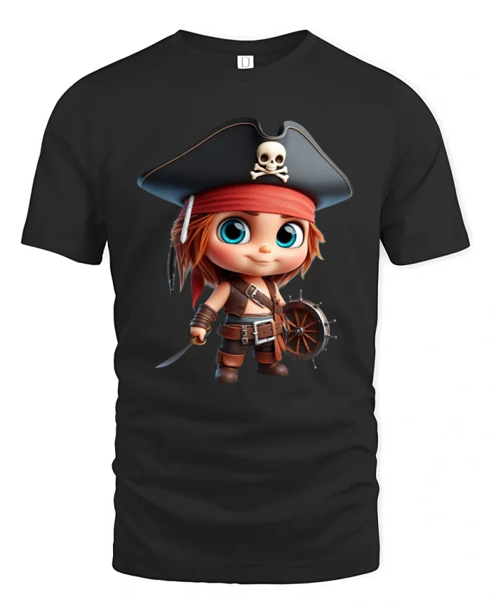 Cute Pirate Girl Cartoon Graphic T Shirt Adventure Art - black t-shirt on white background