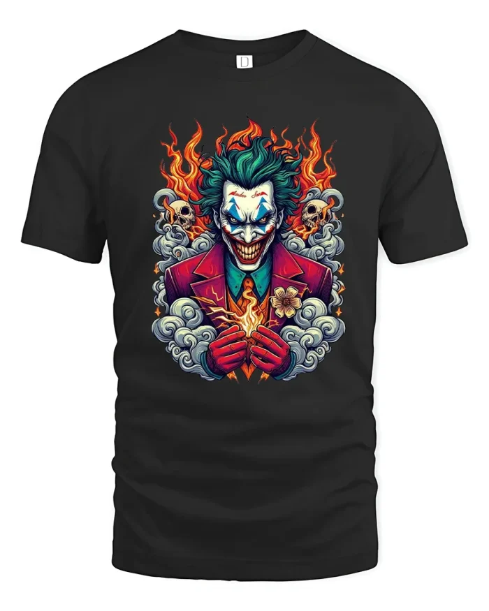 Evil Clown Fire Skull Graphic T Shirt Dark Art - black t-shirt on white background