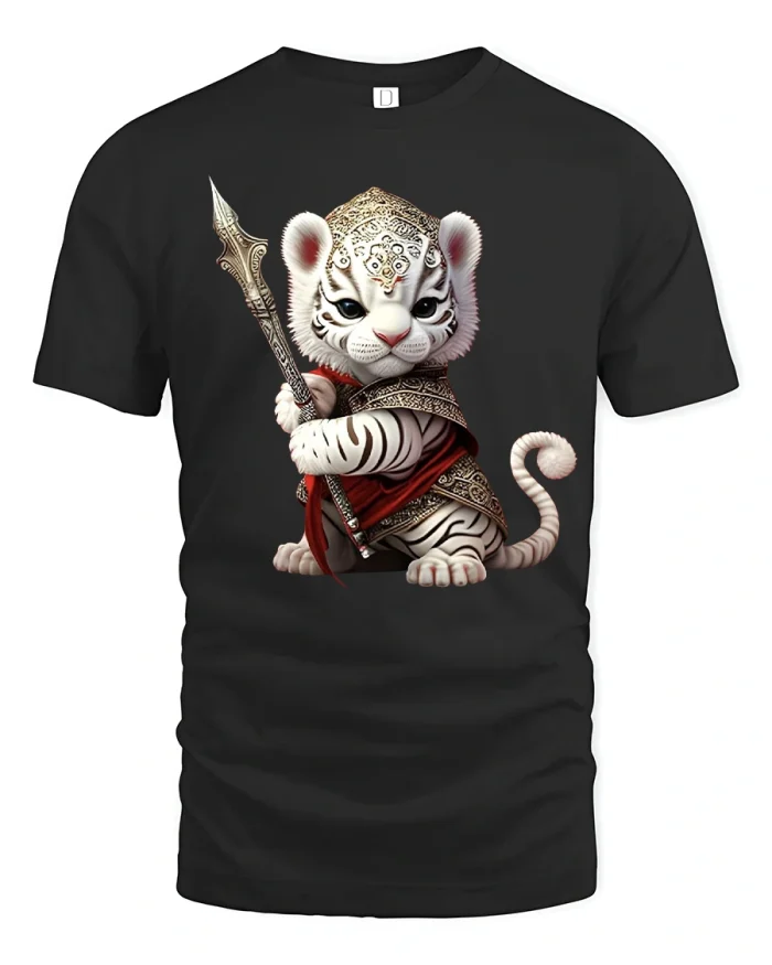 Cute White Tiger Warrior Cartoon Graphic T Shirt - black t-shirt on white background